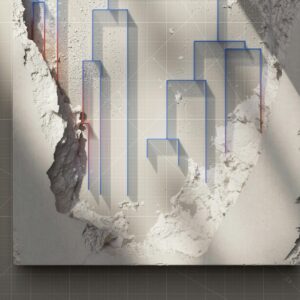Abstract image of a cracked wall featuring blue geometric overlay patterns for an artistic effect.